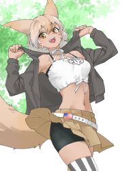 Rule 34 | 1girl, :d, american flag, animal ears, asymmetrical legwear, belt, bike shorts, bike shorts under skirt, breasts, brown skirt, commentary, cowboy shot, coyote (kemono friends), extra ears, fangs, gradient hair, grey jacket, hair between eyes, highres, jacket, kemono friends, light brown hair, long sleeves, looking at viewer, medium breasts, medium hair, midriff, mismatched legwear, multicolored hair, navel, neck ribbon, open clothes, open jacket, open mouth, pleated skirt, ribbon, skirt, smile, solo, striped clothes, striped thighhighs, tail, tanabe (fueisei), teeth, thighhighs, upper teeth only, vertical-striped clothes, vertical-striped thighhighs, white belt, white hair, white ribbon, wolf ears, wolf girl, wolf tail, yellow eyes