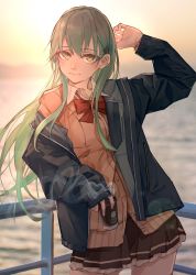 Rule 34 | 1girl, absurdres, aqua eyes, aqua hair, black jacket, black skirt, brown cardigan, cardigan, commentary request, cowboy shot, cup, disposable cup, hair ornament, hairclip, highres, jacket, kantai collection, kumanoko, long hair, looking at viewer, ocean, outdoors, pleated skirt, railing, skirt, solo, standing, sunset, suzuya (kancolle)