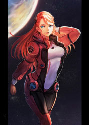 Rule 34 | 1girl, aida rayhunton, blue eyes, bodysuit, breasts, bryanth, gundam, gundam g no reconguista, hair ornament, hand in own hair, highres, large breasts, long hair, long sleeves, looking at viewer, open mouth, pillarboxed, planet, red hair, smile, solo, space, uniform, unzipped