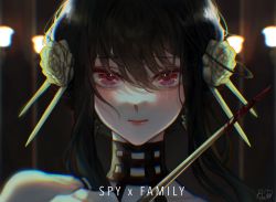 Rule 34 | 1girl, artist name, bare shoulders, black choker, black hair, blood, blush, choker, earrings, flower, hair flower, hair ornament, hairband, highres, holding, holding weapon, jewelry, lips, looking at viewer, red eyes, rirrenn, signature, solo, spy x family, weapon, yor briar
