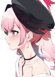 Rule 34 | 1girl, beret, black hat, black wings, blue archive, closed mouth, collarbone, commentary, expressionless, from side, hat, head wings, highres, koharu (blue archive), lone nape hair, looking afar, looking ahead, medium hair, mokyutan, pink eyes, pink hair, portrait, profile, simple background, single bare shoulder, solo, white background, wings