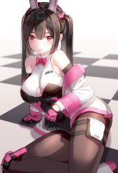 Rule 34 | 1girl, animal ears, bare shoulders, black gloves, black hair, black pantyhose, blush, bow, commentary, gloves, hair between eyes, highres, jacket, kfr, long hair, looking at viewer, lying, multicolored clothes, multicolored jacket, off-shoulder shirt, off shoulder, on ground, on side, original, pantyhose, pink bow, pink eyes, pink gloves, pink jacket, rabbit ears, rabbit girl, shirt, smile, solo, tiles, two-sided fabric, two-sided jacket, two-tone gloves, two-tone jacket, two side up, white jacket