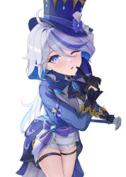 Rule 34 | 1girl, absurdres, ahoge, asymmetrical gloves, black gloves, blue eyes, blue hat, blue jacket, cowboy shot, furina (genshin impact), genshin impact, gloves, grey hair, hat, highres, holding, index finger raised, jacket, long hair, long sleeves, looking at viewer, lunixx, mismatched gloves, one eye closed, parted lips, shorts, solo, thigh strap, thighs, top hat, white gloves, white shorts