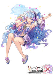 Rule 34 | 1girl, ;o, ahoge, animal ears, arm up, armpits, bare legs, bare shoulders, bloomers, blue bow, blue eyes, blue hair, blush, bow, brave sword x blaze soul, breasts, center opening, cleavage, collarbone, commentary request, copyright name, detached sleeves, drooling, frilled shirt, frills, hair between eyes, hair bow, hand up, headdress, long hair, looking at viewer, medium breasts, navel, official art, one eye closed, one side up, open mouth, pink bow, puffy short sleeves, puffy sleeves, purple shirt, sheep, shirt, short sleeves, sidelocks, simple background, slippers, solo, stomach, striped, striped bow, stuffed animal, stuffed sheep, stuffed toy, thighs, underwear, very long hair, wavy hair, white background, white footwear, yeonwa