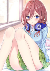 Rule 34 | 1girl, absurdres, bare legs, blue cardigan, blue eyes, blush, breasts, brown hair, cardigan, cellphone, closed mouth, collared shirt, feet out of frame, go-toubun no hanayome, green skirt, hair between eyes, headphones, headphones around neck, highres, indoors, knees together feet apart, knees up, large breasts, legs, long hair, long sleeves, looking at viewer, miniskirt, nakano miku, no legwear, phone, pleated skirt, pout, rain sunny, school uniform, shirt, sidelocks, sitting, skirt, smartphone, solo, wavy mouth, white shirt, window