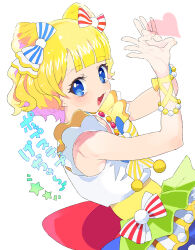 Rule 34 | 1girl, :3, :d, blonde hair, blue bow, blue eyes, blunt bangs, blush, bow, catchphrase, commentary request, cone hair bun, curly hair, double bun, dress, dutch angle, frilled dress, frills, hair bow, hair bun, hands up, heart, heart hands, idol clothes, layered skirt, looking at viewer, minami mirei, moudoku (decopon3rd), multicolored clothes, multicolored dress, open mouth, pretty series, pripara, red bow, short hair, skirt, sleeveless, sleeveless dress, smile, solo, star (symbol), translation request, white background