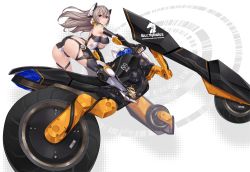 Rule 34 | 1girl, ass, bare shoulders, black gloves, blush, breasts, cleavage, commentary, full body, gloves, grey hair, headgear, high heels, large breasts, leotard, long hair, looking at viewer, looking back, motor vehicle, motorcycle, nidy, original, red eyes, revealing clothes, riding, riding motorcycle, science fiction, sideboob, skin tight, smile, solo, three-wheeler, trike, underboob, vehicle
