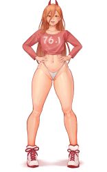 Rule 34 | 1girl, absurdres, alterlesott, chainsaw man, cleft of venus, collarbone, frontal wedgie, full body, green eyes, hair between eyes, hands on own hips, highleg, highleg panties, highres, horns, legs apart, linea alba, long hair, long sleeves, looking at viewer, navel, no pants, number print, open mouth, panties, partially visible vulva, photo-referenced, pink shirt, power (chainsaw man), sharp teeth, shirt, shoes, smug, sneakers, solo, standing, symbol-shaped pupils, teeth, thighs, thong, toned, underwear, v-shaped eyebrows, wedgie, white footwear, white panties