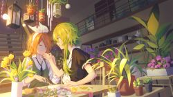 Rule 34 | 2girls, apron, bad id, bad pixiv id, blonde hair, bouquet, bow, chair, collared shirt, curly hair, cutting, closed eyes, eyes visible through hair, flask, flower, flower pot, flower shop, green apron, green eyes, green hair, gumi, hair bow, hand on another&#039;s chin, highres, juliet sleeves, kagamine rin, light rays, long sideburns, long sleeves, md5 mismatch, multiple girls, open clothes, open shirt, perspective, pink flower, puffy sleeves, purple flower, resolution mismatch, ribbon, shelf, shirt, shop, short hair, short hair with long locks, short sleeves, sideburns, smile, stairs, succulent plant, sunbeam, sunlight, table, vocaloid, wounds404, yellow flower, yuri