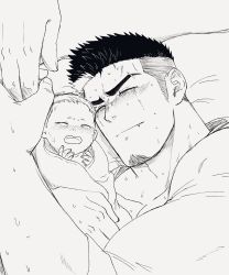Rule 34 | 1boy, 2others, baby, bara, crying, eyebrow cut, facial hair, fang, fle0423, from above, goatee, graphite (medium), greyscale, highres, holding hands, implied pregnancy, long sideburns, lying, male focus, mature male, monochrome, multiple others, muscular, muscular male, on side, original, pectoral cleavage, pectorals, short hair, sideburns, solo focus, sweat, thick eyebrows, traditional media, undercut