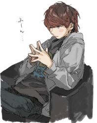 Rule 34 | 1boy, black eyes, black pants, black shirt, blush, brown hair, chair, closed mouth, commentary request, cowboy shot, grey jacket, hands up, hood, hood down, hooded jacket, jacket, jiz (pffbq), kiyo (youtuber), long sleeves, male focus, open clothes, open jacket, pants, real life, shirt, short hair, simple background, sitting, smile, solo, steepled fingers, translation request, white background