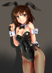 Rule 34 | 1girl, animal ears, arms up, bare shoulders, blush, bow, bowtie, breasts, brown eyes, brown hair, cleavage, clenched hand, cowboy shot, detached collar, fake animal ears, female focus, fishnet pantyhose, fishnets, grey background, highleg, katahira masashi, leotard, looking at viewer, medium breasts, original, pantyhose, playboy bunny, rabbit ears, rabbit tail, short hair, simple background, skin tight, smile, solo, standing, tail, wrist cuffs
