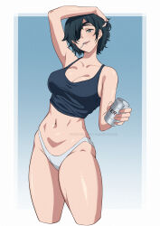 Rule 34 | 1girl, absurdres, arm up, beer can, black hair, black tank top, blue eyes, border, breasts, can, chainsaw man, cigarette, cleavage, collarbone, cropped legs, drink can, eyepatch, highres, himeno (chainsaw man), holding, holding can, large breasts, mandytsune, mouth hold, navel, panties, parted lips, short hair, solo, stomach, tank top, thighs, underwear, white border, white panties