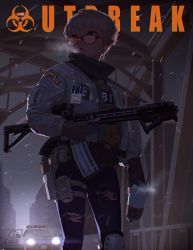 Rule 34 | 1girl, backlighting, biohazard symbol, breath, building, bulletproof vest, bypos, car, cup, dated, disposable cup, earrings, fbi, female focus, glassese, gloves, gun, highres, holding, holding cup, holding gun, holding weapon, id card, jacket, jewelry, leggings, mole, mole under eye, motor vehicle, open mouth, police car, red-framed eyewear, short hair, sleeves past wrists, snow, snowing, solo, starbucks, thigh strap, tom clancy&#039;s the division 2, torn clothes, torn legwear, weapon, winter clothes