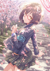 Rule 34 | 1girl, armband, ayane (blue archive), black hair, black jacket, blue archive, blush, cherry blossoms, commentary request, cowboy shot, day, flower, forest, glasses, green skirt, hair ornament, halo, hand up, hirokazu (analysis-depth), id card, jacket, long sleeves, looking at viewer, looking back, nature, outdoors, petals, pink flower, plaid, plaid skirt, pointy ears, revision, school uniform, short hair, skirt, smile, solo, standing, yellow eyes