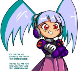 Rule 34 | 1girl, call (mighty no. 9), call d, crossed arms, english text, headphones, joints, long hair, marcusmaximus, mighty no. 9, purple hair, red eyes, robot, robot joints, solo, text focus, twintails
