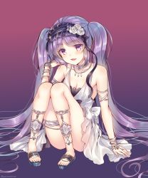 Rule 34 | 1girl, :d, arm support, armlet, armpits, bare shoulders, blush, bracelet, breasts, choker, cleavage, convenient censoring, dress, euryale (fate), euryale (third ascension) (fate), fate/hollow ataraxia, fate (series), full body, hairband, highres, jewelry, lolita hairband, long hair, looking at viewer, medium breasts, necklace, open mouth, purple eyes, purple hair, sandals, sitting, smile, solo, suzunone rena, thighlet, twintails, very long hair, white dress