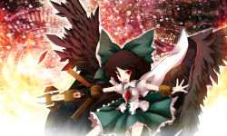 Rule 34 | 1girl, alternate weapon, bad id, bad pixiv id, black hair, black wings, bow, cocozasa, control rod, hair bow, hair ornament, highres, long hair, looking at viewer, open mouth, outstretched arms, red eyes, reiuji utsuho, smile, solo, spread arms, touhou, weapon, wings