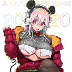 Rule 34 | 1girl, animal ears, blush, bow, bowtie, breasts, chinese zodiac, cleavage, happy new year, headphones, jacket, large breasts, looking at viewer, mouse ears, mouse tail, nail polish, new year, nitroplus, open clothes, open jacket, pink eyes, pink hair, solo, super sonico, tail, tsuji santa, underboob
