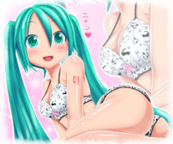 Rule 34 | 00s, 1girl, aqua eyes, aqua hair, arm tattoo, ass, blush, bra, breasts, cleavage, close-up, eyes visible through hair, hatsune miku, heart, kazu-chan, long hair, looking at viewer, medium breasts, multiple views, open mouth, panties, print panties, smile, tattoo, text focus, translation request, twintails, underwear, vocaloid