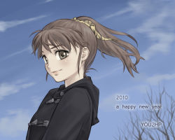 Rule 34 | 1girl, brown eyes, brown hair, coat, day, light smile, original, peacoat, ponytail, sky, solo, toggles, winter, you2