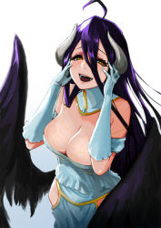 Rule 34 | 1girl, ahoge, albedo (overlord), black wings, breasts, cleavage, cowboy shot, dress, elbow gloves, eyeshadow, feathered wings, gloves, gradient background, hands on own face, horns, it apollo, large breasts, lipstick, long hair, looking at viewer, makeup, open mouth, overlord (maruyama), purple hair, slit pupils, smile, solo, wings, yellow eyes