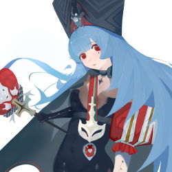 Rule 34 | 1girl, \m/, absurdres, asymmetrical gloves, azur lane, black cape, black gloves, black headwear, blue hair, bodystocking, breasts, cape, center opening, ddiandiano, dress, forked tongue, gloves, highres, holding, holding staff, long hair, looking at viewer, marco polo (azur lane), mask, medium breasts, microdress, mismatched gloves, mole, mole under eye, red eyes, scepter, simple background, skin tight, solo, staff, symbol-shaped pupils, tongue, upper body, very long hair, white background, white gloves