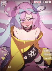 Rule 34 | 1girl, blush, bow-shaped hair, character hair ornament, creatures (company), game freak, gsusart, hair ornament, highres, iono (pokemon), jacket, looking at viewer, multicolored hair, nintendo, oversized clothes, pink eyes, pink hair, pokemon, pokemon sv, sharp teeth, sleeves past fingers, sleeves past wrists, split-color hair, teeth, two-tone hair, very long sleeves, yellow jacket