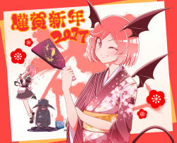 Rule 34 | &gt;;), &gt; &lt;, 2017, 2girls, ;), alternate costume, alternate hair length, alternate hairstyle, apron, bat wings, border, bowl, bright pupils, bucket, chopsticks, commentary request, demon tail, closed eyes, fairy maid (touhou), fairy wings, fang, fang out, flower, flying sweatdrops, full body, hagoita, hanetsuki, head tilt, head wings, highres, hobgoblin (touhou), holding, japanese clothes, kimono, koakuma, long hair, looking at viewer, maid, maid headdress, multiple girls, new year, one eye closed, paddle, paint, pink hair, red border, red eyes, red hair, short hair, simple background, smile, solo focus, squiggle, sugiura rippu, tail, touhou, translation request, upper body, v-shaped eyebrows, waist apron, white pupils, wings