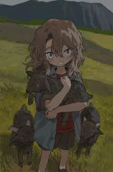Rule 34 | 1girl, animal, brown hair, brown shorts, day, feet out of frame, goat, grass, grey shirt, hair between eyes, highres, holding, holding animal, long hair, looking at viewer, meadow, mountain, namoku (namottttt), open clothes, open shirt, original, outdoors, parted lips, red shirt, shirt, short sleeves, shorts, smile, solo, standing