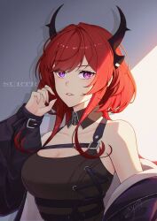 Rule 34 | 1girl, arknights, bare shoulders, black collar, black dress, black jacket, breasts, character name, cleavage, collar, collarbone, commentary, detached collar, dress, hand up, highres, horns, jacket, long hair, long sleeves, looking at viewer, medium breasts, off shoulder, open clothes, open jacket, parted lips, puffy long sleeves, puffy sleeves, purple eyes, red hair, sleeveless, sleeveless dress, sleeves past wrists, solo, surtr (arknights), sy509, upper body, wing collar