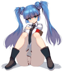 Rule 34 | 1girl, armband, blue eyes, blue hair, blunt bangs, boots, breasts, covering privates, covering crotch, highres, kouno (masao), long hair, medium breasts, necktie, nipples, no pants, original, revision, see-through, shirt, sitting, smile, solo, thighs, twintails, white background, white shirt