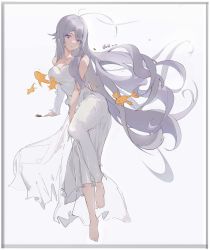 Rule 34 | 1girl, 86 -eightysix-, absurdres, alternate costume, antenna hair, bare shoulders, barefoot, blue eyes, blush, breasts, cleavage, collarbone, commentary request, dress, emokaki, fish, full body, goldfish, grey hair, hair between eyes, highres, long hair, looking at viewer, medium breasts, parted lips, signature, simple background, sleeveless, sleeveless dress, solo, very long hair, vladilena millize, white background, white dress