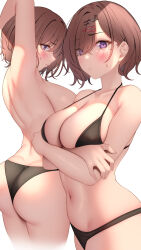 Rule 34 | 1girl, :/, akira shiun, arm up, armpits, arms under breasts, ass, back, bare arms, bare shoulders, bikini, bikini bottom only, black bikini, breasts, brown hair, cleavage, closed mouth, collarbone, crossed arms, duplicate, from side, halterneck, highres, higuchi madoka, idolmaster, idolmaster shiny colors, large breasts, looking at viewer, median furrow, multiple views, navel, parted lips, purple eyes, short hair, sideboob, sideways glance, stomach, string bikini, sweatdrop, swimsuit, thighs, topless