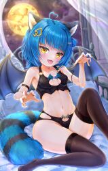Rule 34 | 1girl, acorn hair ornament, ahoge, animal ears, black panties, black thighhighs, blue hair, blush, breasts, cleavage cutout, clothing cutout, demon wings, fangs, full moon, hair ornament, hairpin, heart, heart ahoge, highres, idol corp, looking at viewer, medium hair, moon, napozouattop, open mouth, panties, poko rakun, raccoon ears, raccoon girl, raccoon tail, small breasts, smile, solo, tail, thighhighs, tongue, tongue out, underwear, virtual youtuber, wings, yellow eyes