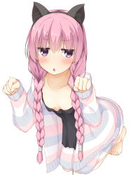 Rule 34 | 1girl, animal ears, barefoot, black camisole, black hairband, blush, braid, breasts, camisole, cat ears, collarbone, commentary request, downblouse, fake animal ears, full body, hair between eyes, hairband, hands up, hinata masaki, jacket, kneeling, long hair, long sleeves, looking at viewer, low twintails, mitsukasa ayase, open clothes, open jacket, parted lips, paw pose, pink hair, purple eyes, riddle joker, shorts, simple background, sleeves past wrists, small breasts, solo, striped clothes, striped jacket, striped shorts, twin braids, twintails, very long hair, white background