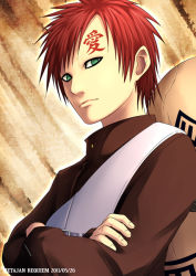 Rule 34 | 1boy, crossed arms, dated, gaara (naruto), gourd, green eyes, k-suwabe, male focus, naruto, naruto (series), red hair, solo, tattoo, translated