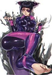 Rule 34 | 1girl, ass, black bodysuit, bodysuit, breasts, commentary request, eyepatch, fingerless gloves, gloves, han juri, hifumi (art sky littel), highres, licking lips, lips, long hair, looking at viewer, looking down, medium breasts, nail polish, parted lips, shiny clothes, skin tight, solo, standing, standing on one leg, street fighter, street fighter iv (series), street fighter v, toenail polish, toenails, toes, tongue, tongue out