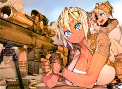Rule 34 | 23 (real xxiii), 2girls, ahoge, aimpoint, battle rifle, bipod, blonde hair, blue eyes, breasts, cleavage, dark-skinned female, dark skin, downblouse, gloves, gun, h&amp;k hk417, heckler &amp; koch, highres, large breasts, lying, magazine (weapon), military operator, multiple girls, on stomach, original, rifle, scope, sela (23), shell casing, short hair, sniper rifle, ursula (23), vertical forward grip, weapon, wife and wife