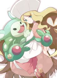 Rule 34 | 1girl, absurdres, artist name, blonde hair, blue eyes, caitlin (pokemon), creatures (company), dress, expressionless, game freak, gen 5 pokemon, hat, highres, holding, holding pokemon, kisa (kisa-kisa5900), long hair, long sleeves, looking at viewer, nintendo, parted bangs, pink dress, pink footwear, pokemon, pokemon (creature), pokemon bw, protected link, reuniclus, very long hair