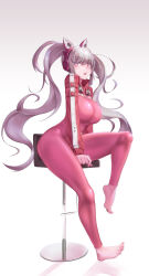 Rule 34 | 1girl, absurdres, alice (nikke), animal ear headphones, animal ears, bodysuit, breasts, chair, cropped jacket, fake animal ears, gloves, goddess of victory: nikke, grey hair, headphones, headset, highres, impossible bodysuit, impossible clothes, jacket, large breasts, latex, latex bodysuit, long hair, multicolored clothes, multicolored gloves, pink bodysuit, pink eyes, pink gloves, pink headphones, puffy sleeves, red jacket, shoes, shrug (clothing), sidelocks, sitting, skin tight, smile, sneakers, solo, twintails, two-tone gloves, white gloves, yamauchi (conan-comy)