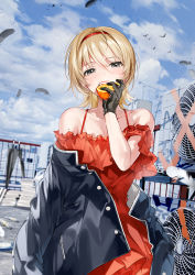 Rule 34 | 1girl, absurdres, air conditioner, almic, black eyes, black gloves, black jacket, blonde hair, blush, closed umbrella, cloud, cloudy sky, collarbone, day, dress, eating, fang, feathers, food, frilled dress, frills, fruit, gloves, hairband, highres, holding, holding food, holding fruit, jacket, long sleeves, open clothes, open jacket, open mouth, orange (fruit), original, outdoors, railing, red dress, red hairband, short hair, short sleeves, sky, solo, teeth, umbrella, unbuttoned