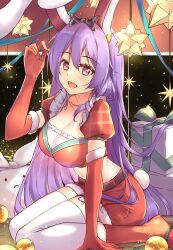 Rule 34 | 1girl, :&lt;, :d, absurdres, animal ears, bow, breasts, cleavage, diving penguin, elbow gloves, fur trim, gloves, hair bow, highres, large breasts, long hair, looking at viewer, midriff, miniskirt, open mouth, pink eyes, puffy short sleeves, puffy sleeves, purple hair, rabbit ears, rabbit tail, red gloves, reisen udongein inaba, short sleeves, sitting, skirt, smile, solo, tail, thighhighs, touhou, very long hair, wariza