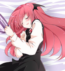Rule 34 | 1girl, :d, bat wings, black skirt, black vest, blush, closed eyes, collared shirt, dot nose, dress, dress grab, dress shirt, eyes visible through hair, hair between eyes, head wings, ichimura kanata, koakuma, long hair, long sleeves, lying, on bed, on side, open mouth, patchouli knowledge, purple dress, red hair, shirt, sidelocks, skirt, skirt set, sleeping, smile, solo focus, striped clothes, striped dress, touhou, vest, white shirt, wings
