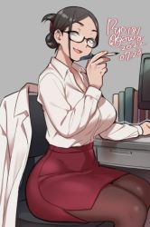 Rule 34 | 1girl, agawa ryou, artist name, black-framed eyewear, book, breasts, brown eyes, brown hair, brown pantyhose, chair, collared shirt, commentary, dated, desk, dress shirt, english commentary, feet out of frame, glasses, grey background, hand on table, hand up, holding, holding pen, lab coat, large breasts, long sleeves, looking at viewer, monitor, numbered, office chair, open mouth, original, pantyhose, pen, pencil skirt, red skirt, semi-rimless eyewear, shirt, shirt tucked in, short hair, sidelocks, simple background, sitting, skirt, smile, solo, swivel chair, tented shirt, white shirt