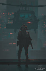 Rule 34 | 1boy, absurdres, aircraft, assault rifle, black soldier, boots, building, cityscape, full body, gun, helicopter, helmet, highres, load bearing vest, combat helmet, night-vision device, original, outdoors, pants, rifle, scope, skyscraper, soldier, solo, standing, suppressor, uh-60 blackhawk, weapon
