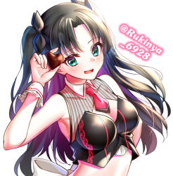 Rule 34 | 1girl, aqua eyes, armpits, bare shoulders, black hair, black shirt, breasts, candy, chocolate, chocolate heart, cleavage, crop top, fate/stay night, fate (series), food, hair ribbon, hand up, heart, highres, holding, long hair, looking at viewer, medium breasts, midriff, necktie, open mouth, parted bangs, ribbon, rukinya (nyanko mogumogu), shirt, short necktie, simple background, sleeveless, sleeveless shirt, solo, tohsaka rin, two side up, upper body, valentine, white background, wing collar, wrist cuffs
