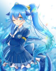 Rule 34 | 1girl, :o, absurdres, armlet, blue eyes, blue gloves, blue hair, blue jacket, blue pantyhose, blue shirt, blue skirt, blue suit, blue tail, blue theme, blurry, blurry background, buttons, collared shirt, commentary request, dragon tail, formal, frilled skirt, frilled sleeves, frills, gloves, hair between eyes, hand up, highres, jacket, japari symbol, japari symbol print, kemono friends, long hair, mitorizu 02, necktie, one eye closed, pantyhose, pleated skirt, seiryuu (kemono friends), shirt, skirt, solo, suit, tail, twintails, very long hair, white necktie