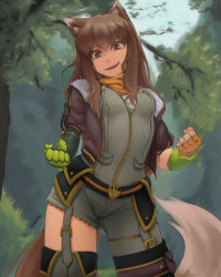 Rule 34 | animal ears, brown eyes, brown hair, cosplay, cowboy shot, crossover, day, highres, holo, outdoors, rwby, seraziel, solo, spice and wolf, standing, tagme, tail, wolf ears, wolf tail, yang xiao long