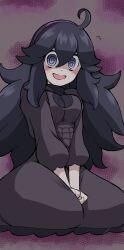 Rule 34 | 1girl, :d, @ @, absurdres, ahoge, alternate breast size, black hair, breasts, commentary request, creatures (company), emapippi, flying sweatdrops, game freak, grey eyes, hair between eyes, hairband, hex maniac (pokemon), highres, long hair, looking at viewer, nintendo, open mouth, own hands together, pokemon, pokemon xy, purple hairband, sitting, sleeves past elbows, smile, solo